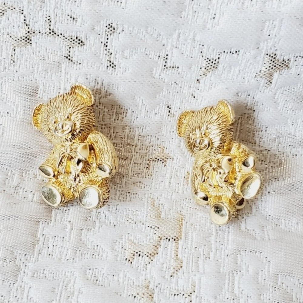 Gold Teddy Bear‎ Clip On Earrings Gold-Tone Whimsical Luxury